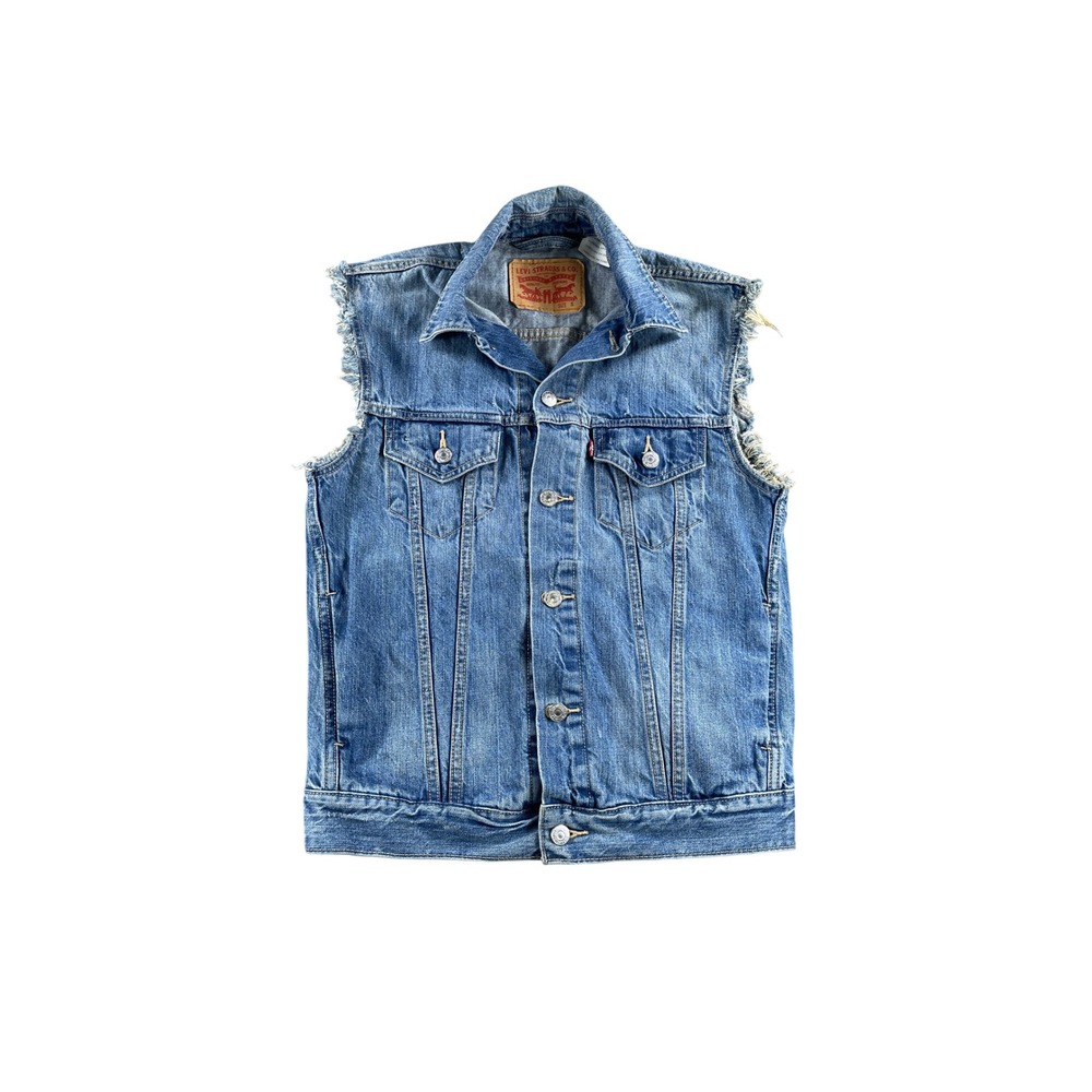 Levis Trucker Denim Vest Medium Wash Distressed Sleeveless Jean Jacket Small